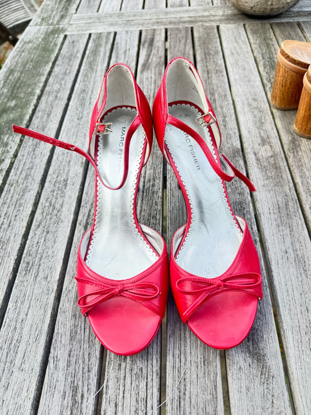 Marc Fisher Red Leather Peep-Toe Bow Ankle-Strap Heels